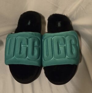 UGG Teal and Black Plush Slides